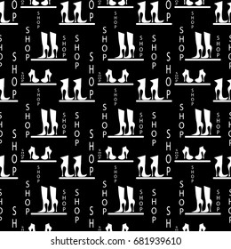 black seamless pattern with white boots and shoes. vector