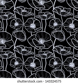 Black Seamless pattern with white outline sketchy poppy. Chalkboard Floral background wallpaper. Flower ornament good for web, print and wrapping paper.