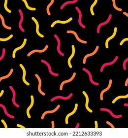 Black seamless pattern with yellow and pink memphis design.