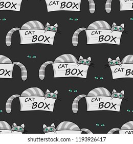 Black seamless pattern.Gray cat with green eyes peeking out of a cardboard box. Striped pet with a mustache.Print for fabric,textile,wrapping paper.Vector illustration for children.