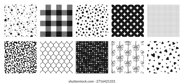 Padrões pretos sem costura com ornamentos simples. Planos de fundo monocromáticos repetíveis, variedade de formas abstratas, estrelas, corações, arcos, pontos, linhas, listras, manchas, grade. Vetor isolado para impressão, têxtil, tecido, tampa, papel de parede, revestimento