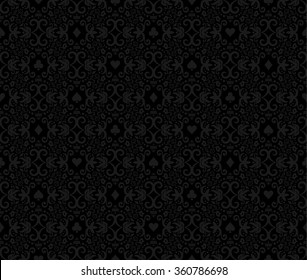 Black seamless poker background with dark grey damask pattern and cards symbols