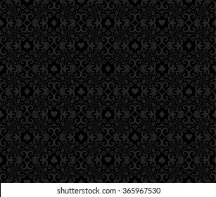 Black seamless poker background with white damask pattern and cards symbols