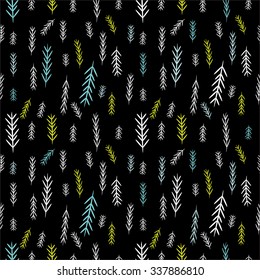 Black seamless simple vector graphics pattern. Tile Christmas background with pine-tree. Wrapping paper texture. Merry Christmas! Repeating dark floral backdrop