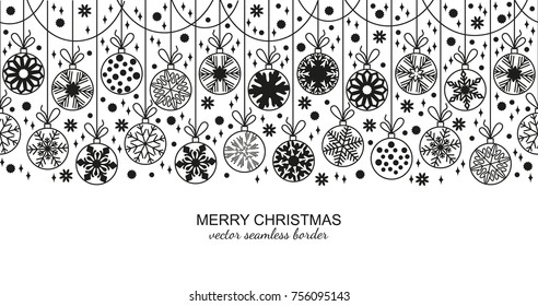 Black seamless snow flake border isolated on white background, Christmas design for greeting card. Vector illustration, merry xmas snowflake header or banner, wallpaper or backdrop decor