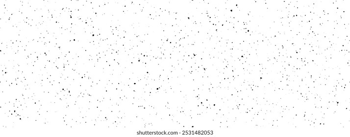 Black seamless speckle texture. Distress grunge grain dot background. Gritty dirt splash repeated pattern. Splattered grit overlay with drops, specks, flecks. Vector weathered noise for banner, poster