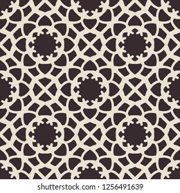 Black seamless texture with arabic geometric ornament. Monochrome vector pattern