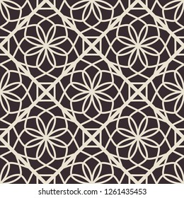 Black seamless texture with arabic geometric ornament. Monochrome vector pattern