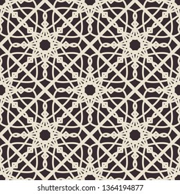 Black seamless texture with arabic geometric ornament. Monochrome vector pattern