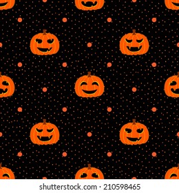 Black seamless textured polka dots pattern with Halloween pumpkin