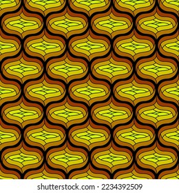 ANTECEDENTES DE VECTOR INALÁMBRICO NEGRO EN ESTILO ART DECO CON ELEMENTOS ABSTRACTOS AMARILLOS Y NARANJOS