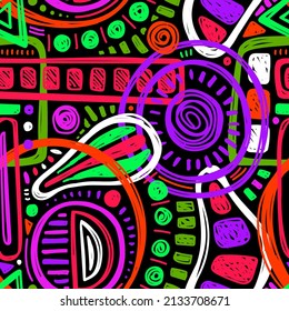 BLACK SEAMLESS VECTOR BACKGROUND WITH BRIGHT NEON GEOMETRIC AND ABSTRACT ELEMENTS