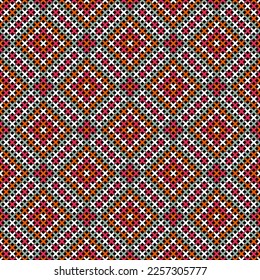 BLACK SEAMLESS VECTOR BACKGROUND WITH GEOMETRIC CROSS STITCH PATTERN IN RED SHADES