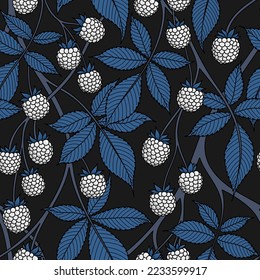BLACK SEAMLESS VECTOR BACKGROUND WITH WHITE BLACKBERRY FRUITS