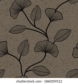 flores vectoriales negras sin costura con patrón de hoja sobre fondo de textura