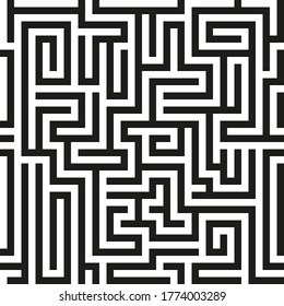 Black seamless vector maze on white background. Black labyrinth pattern. Vector maze pattern. Labyrinth seamless puzzle