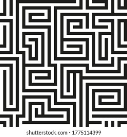 Schwarzes, nahtloses Vektorlabyrinth auf weißem Hintergrund. Schwarzes Labyrinth-Muster. Vektorgrafik-Muster. Labyrinth-Rätsel