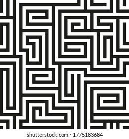 Black seamless vector maze on white background. Black labyrinth pattern. Vector maze pattern. Labyrinth seamless puzzle