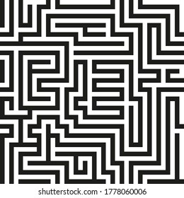 Schwarzes, nahtloses Vektorlabyrinth auf weißem Hintergrund. Schwarzes Labyrinth-Muster. Vektorgrafik-Muster. Labyrinth-Rätsel