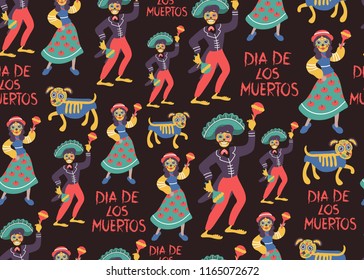 Black seamless vector pattern with cute man, woman and dog with skull-faces. Mexican day of dead background. 