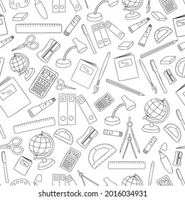 Black seamless vector pattern with education and school-related symbols on white background
