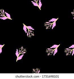 Black seamless vector pattern with pink flowers. Art continuous illustration modern