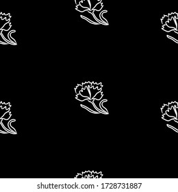Black seamless vector pattern with white flowers carnation. Floral art continuous illustration.