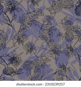 black seamless vector stock flowers leaf bunches pattern on grey background