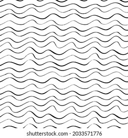 Black seamless wavy line pattern. Vector continuous background with horizontal curly lines. Black paint brushstroke abstract background. Simple seamless illustration for textiles, surfaces, fabrics