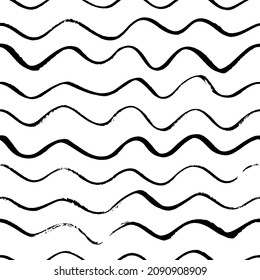 Black seamless wavy line pattern. Vector ink illustration. Abstract background with hand drawn waves. Curved brush strokes texture. Zebra grunge paint lines. Black and white ornament with tiny stripes