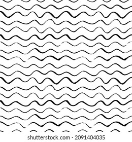 Schwarzes, nahtloses, gewelltes Linienmuster. Vektorgrafik. Abstrakter Hintergrund mit handgezeichneten Wellen. Der geschwungene Pinsel stricht Textur. Zebra farbige Linien. Schwarz-Weiß-Ornament mit kleinen Streifen