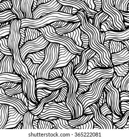 Black seamless wavy line pattern vector illustration.Hand drawn for adult anti stress. Coloring page with high details  for relax and meditation.