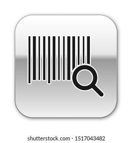 Black Search barcode icon isolated on white background. Magnifying glass searching barcode. Barcode label sticker. Research barcode. Silver square button. Vector Illustration