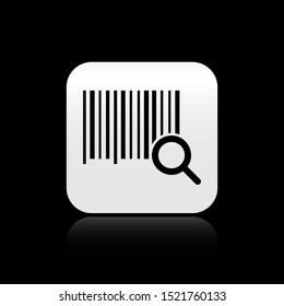 Black Search barcode icon isolated on black background. Magnifying glass searching barcode. Barcode label sticker. Research barcode. Silver square button. Vector Illustration
