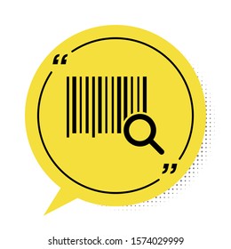 Black Search barcode icon isolated on white background. Magnifying glass searching barcode. Barcode label sticker. Research barcode. Yellow speech bubble symbol. Vector Illustration