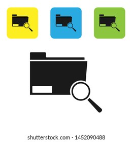 Black Search concept with folder icon isolated on white background. Magnifying glass and document. Data and information sign. Set icons colorful square buttons. Vector Illustration