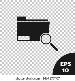 Black Search concept with folder icon isolated on transparent background. Magnifying glass and document. Data and information sign.  Vector Illustration