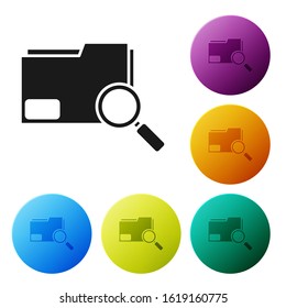Black Search concept with folder icon isolated on white background. Magnifying glass and document. Data and information sign. Set icons colorful circle buttons. Vector Illustration