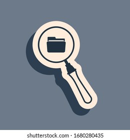 Black Search concept with folder icon isolated on grey background. Magnifying glass and document. Data and information sign. Long shadow style. Vector Illustration