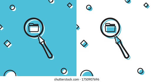 Black Search concept with folder icon isolated on blue and white background. Magnifying glass and document. Data and information sign. Random dynamic shapes. Vector Illustration