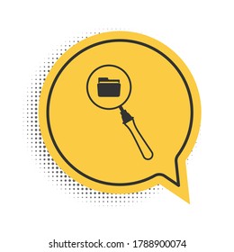 Black Search concept with folder icon isolated on white background. Magnifying glass and document. Data and information sign. Yellow speech bubble symbol. Vector.