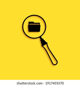 Black Search concept with folder icon isolated on yellow background. Magnifying glass and document. Data and information sign. Long shadow style. Vector.