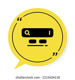 Icono del motor de búsqueda negro aislado en fondo blanco. Símbolo amarillo de burbuja de habla. Vector