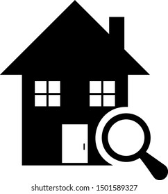 Black Search house icon isolated on white background. Real estate symbol of a house under magnifying glass.  Vector Illustration