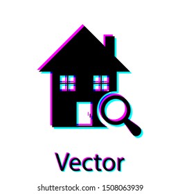 Black Search house icon isolated on white background. Real estate symbol of a house under magnifying glass.  Vector Illustration