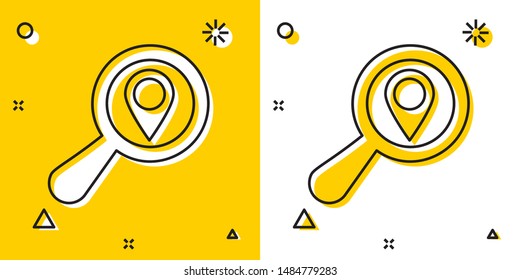Black Search location icon isolated on yellow and white background. Magnifying glass with pointer sign. Random dynamic shapes. Vector Illustration
