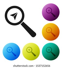 Black Search location icon isolated on white background. Magnifying glass with pointer sign. Set icons colorful circle buttons. Vector Illustration