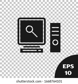 Black Search on computer screen icon isolated on transparent background. Screen and magnifying glass.  Vector Illustration