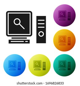 Black Search on computer screen icon isolated on white background. Screen and magnifying glass. Set icons in color circle buttons. Vector Illustration