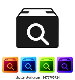 Black Search package icon isolated on white background. Parcel tracking symbol. Magnifying glass and cardboard box. Logistic and delivery. Set icons in color square buttons. Vector Illustration